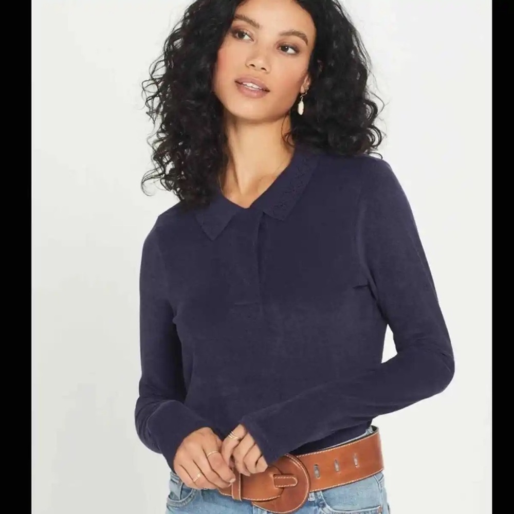 Goldie Micro Terry Pointelle Coller Long Sleeve Blue Polo Top EUC Size Small
